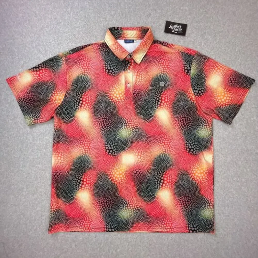 Hreski Performance Golf Polo‎ Shirt Mens 2XL Black Orange Pink Abstract Circles